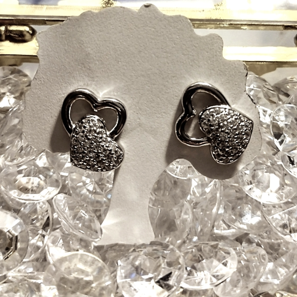 925 Sterling Silver Double Heart Stud Earrings w/ Cubic Zirconia